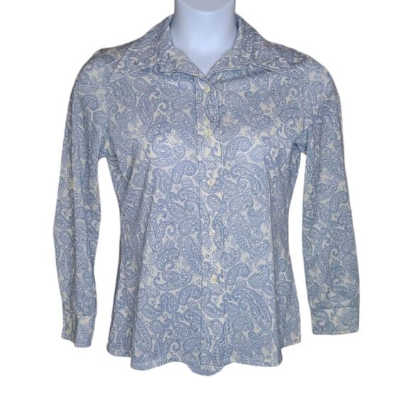 VINTAGE 70s blue paisley pointed disco collar button up shirt M‎ - Picture 1 of 8